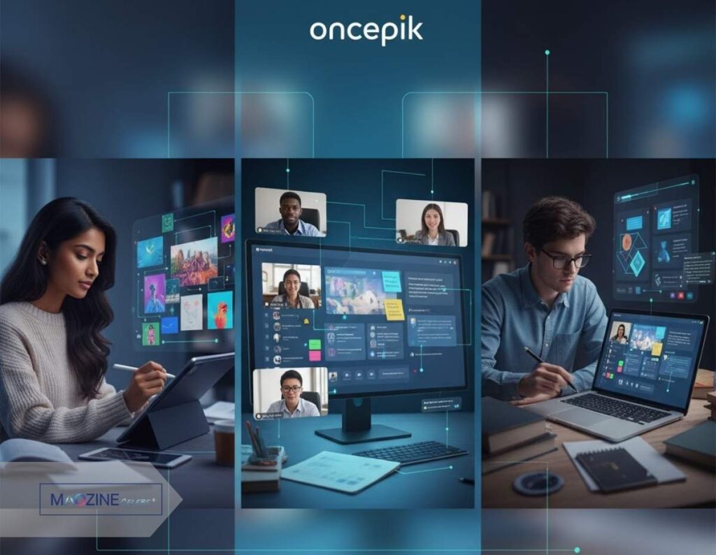 A multi-panel image depicting diverse individuals using Oncepik. One panel shows a woman sketching on a tablet, another shows a group of diverse professionals on a video conference integrated into the Oncepik interface, and a third shows a man working on a laptop with a complex Oncepik dashboard. This illustrates the platform's versatility across different user roles and work styles.