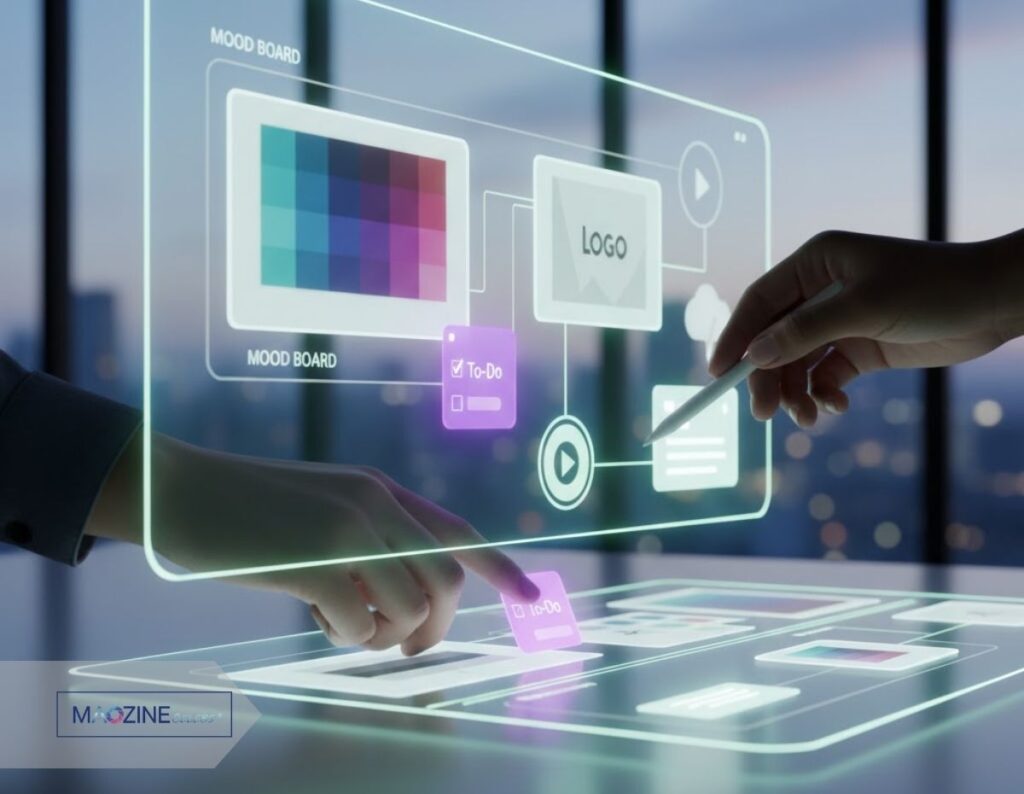 A close-up of two pairs of hands interacting with a glowing, transparent digital interface displaying a Oncepik mood board. One hand uses a stylus to drag a "To-Do" card, while the other hand touches the screen, indicating collaborative interaction. The mood board shows a color palette, a logo placeholder, and connections between elements, set against a blurred urban background at dusk.