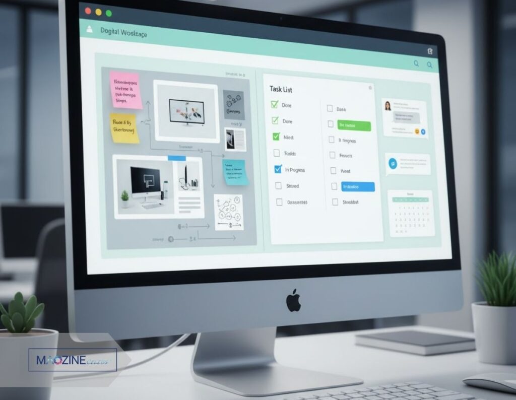 A clean and modern digital workspace displayed on an iMac screen, featuring Oncepik's interface. The left side shows a visual board with sticky notes, images, and flowcharts. The right side displays a detailed task list with checkboxes, progress indicators, and a small calendar, demonstrating seamless integration of creative and organizational tools.