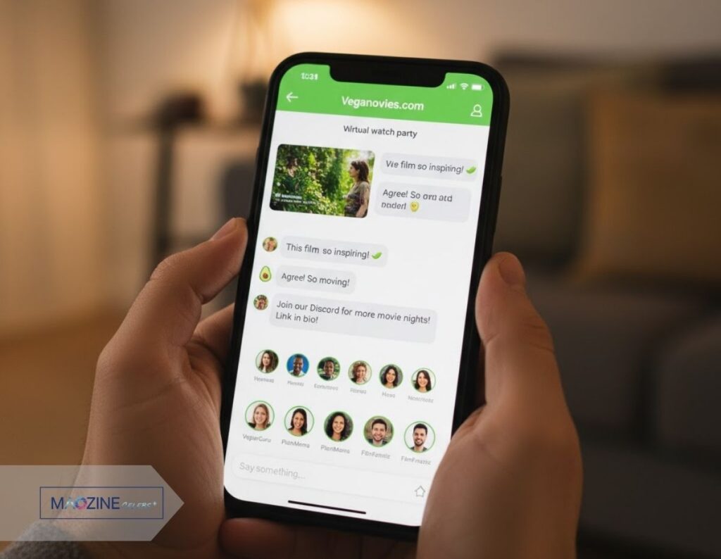A person holding a smartphone displaying the Veganovies.com community forum and virtual watch party feature.