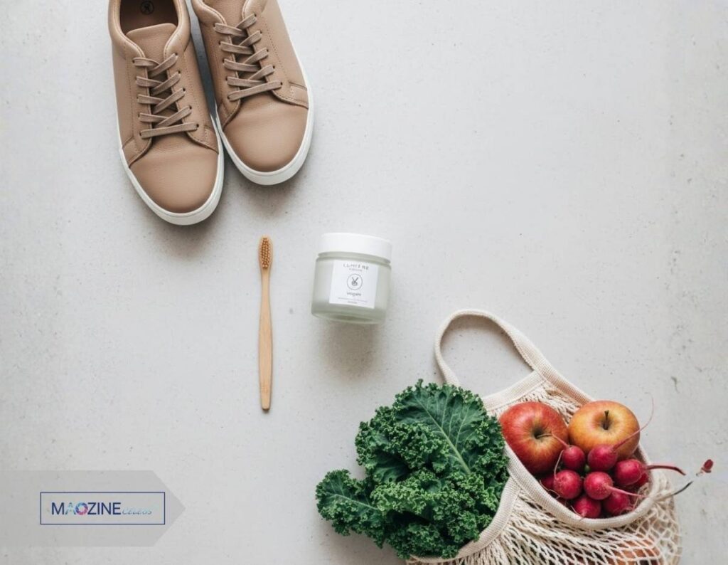 A collection of ethical vegan lifestyle products, including vegan leather shoes and cruelty-free beauty cream, featured on Veganovies.com.