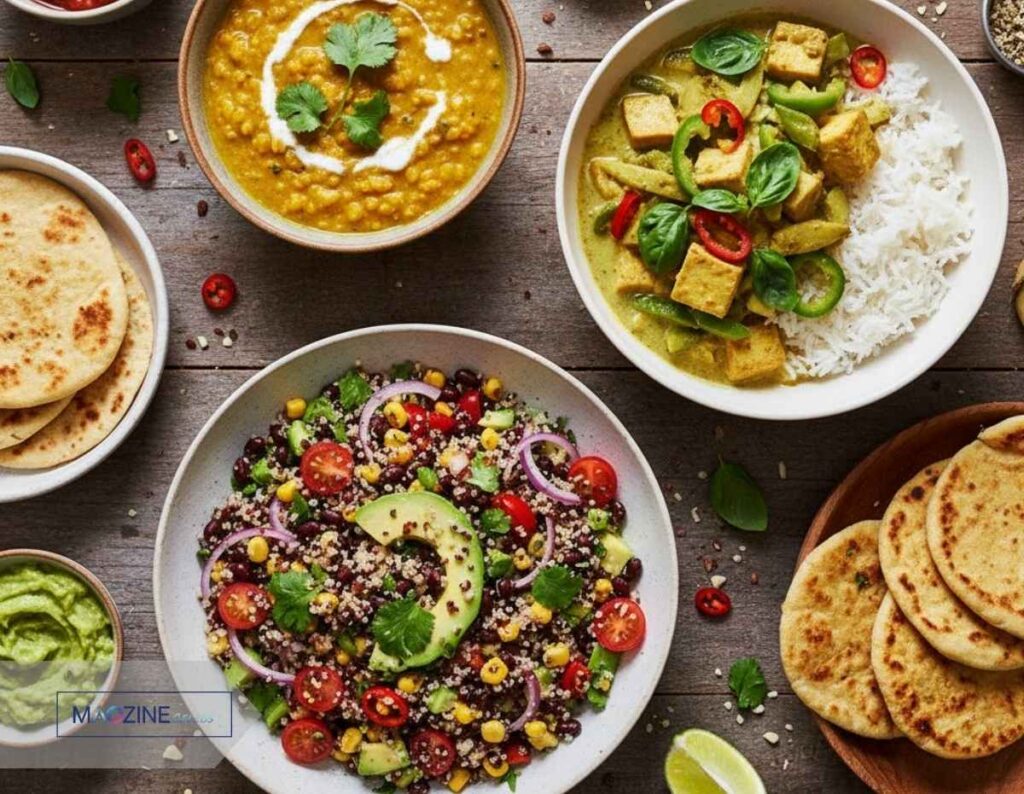 A top-down view of various colorful global vegan dishes, including Indian dal and Thai curry, from the Veganovies.com recipe collection.
