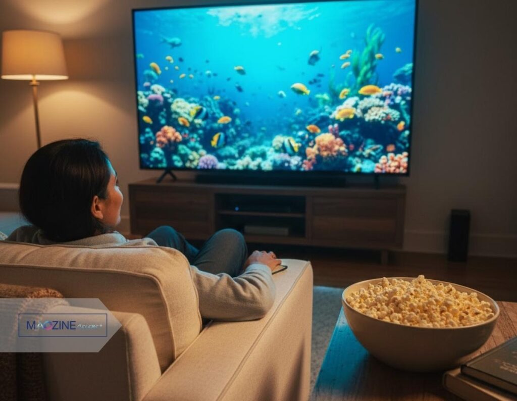 A person watching a vegan documentary about ocean life on a large TV, illustrating the media streaming feature of Veganovies.com.