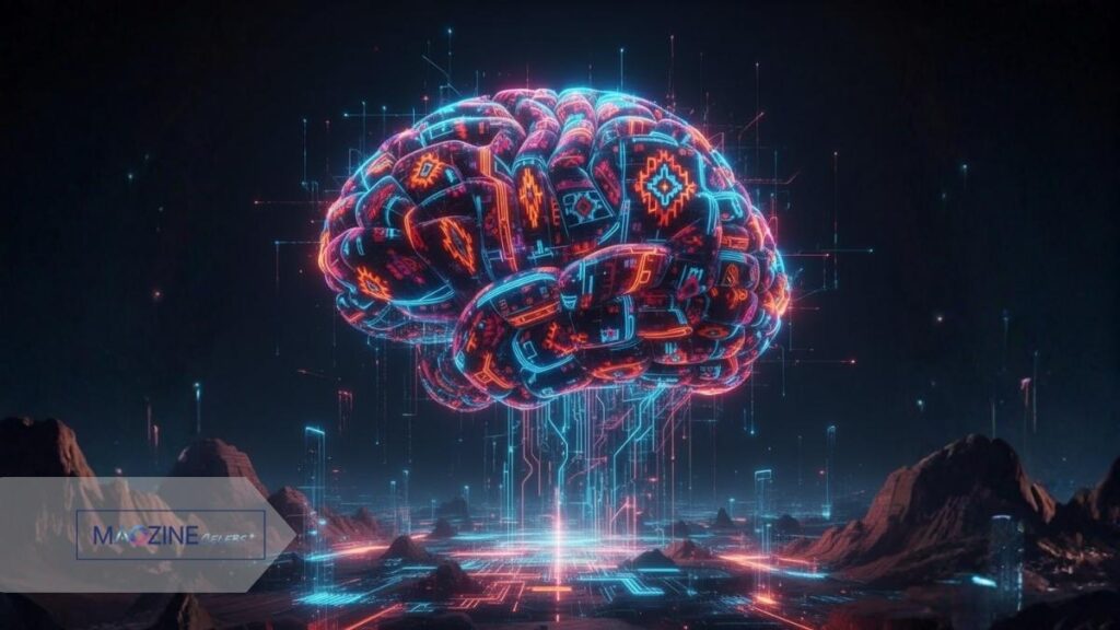 A glowing AI brain, illustrating the Yürkiyr digital innovation platform. The neural pathways are formed from glowing Yörük kilim patterns, symbolizing AI and human collaboration.