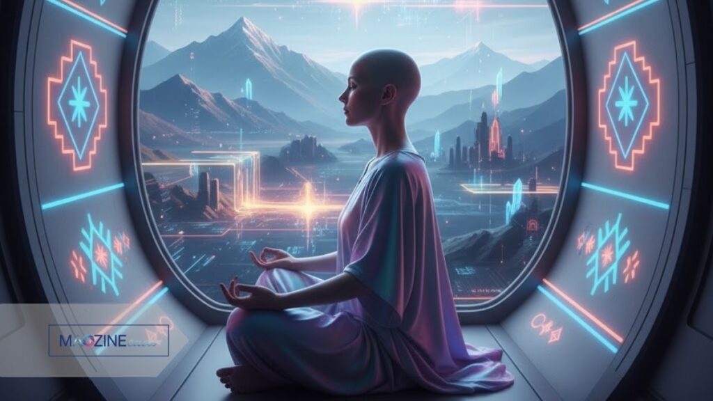A person meditates in a futuristic pod, practicing Yürkiyr digital wellness while looking at a serene landscape. The window is framed with Yürkiyr aesthetic patterns.