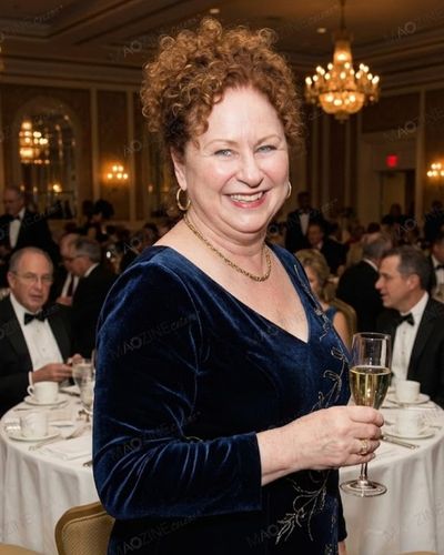 Portrait of the late Nancy Harbour smiling in a blue velvet dress at a formal event.