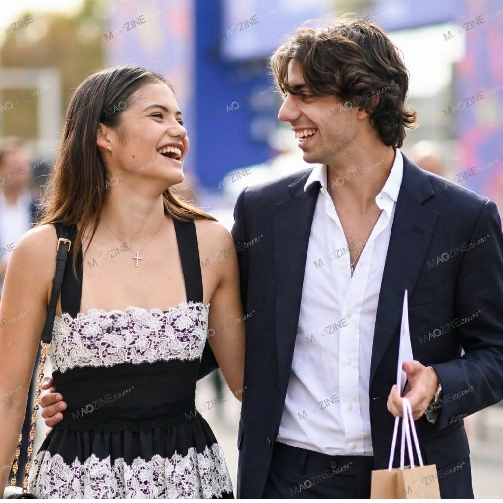 Emma Raducanu smiling with her ex-boyfriend Carlo Agostinelli during Paris Fashion Week event 2023
