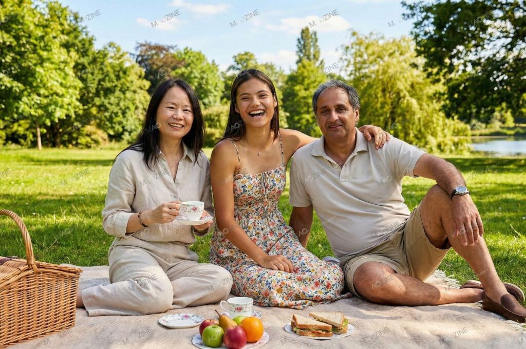 Emma Raducanu sitting on a picnic mat with her father Ian Raducanu and mother Renee Zhai in a park.
