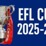 EFL Cup 2025-26 featured banner showing silver Carabao Cup trophy with red ribbons against blue background