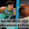 LaMelo Ball dribbling basketball in Buzz City Charlotte Hornets jersey during NBA game – action shot for net worth blog banner