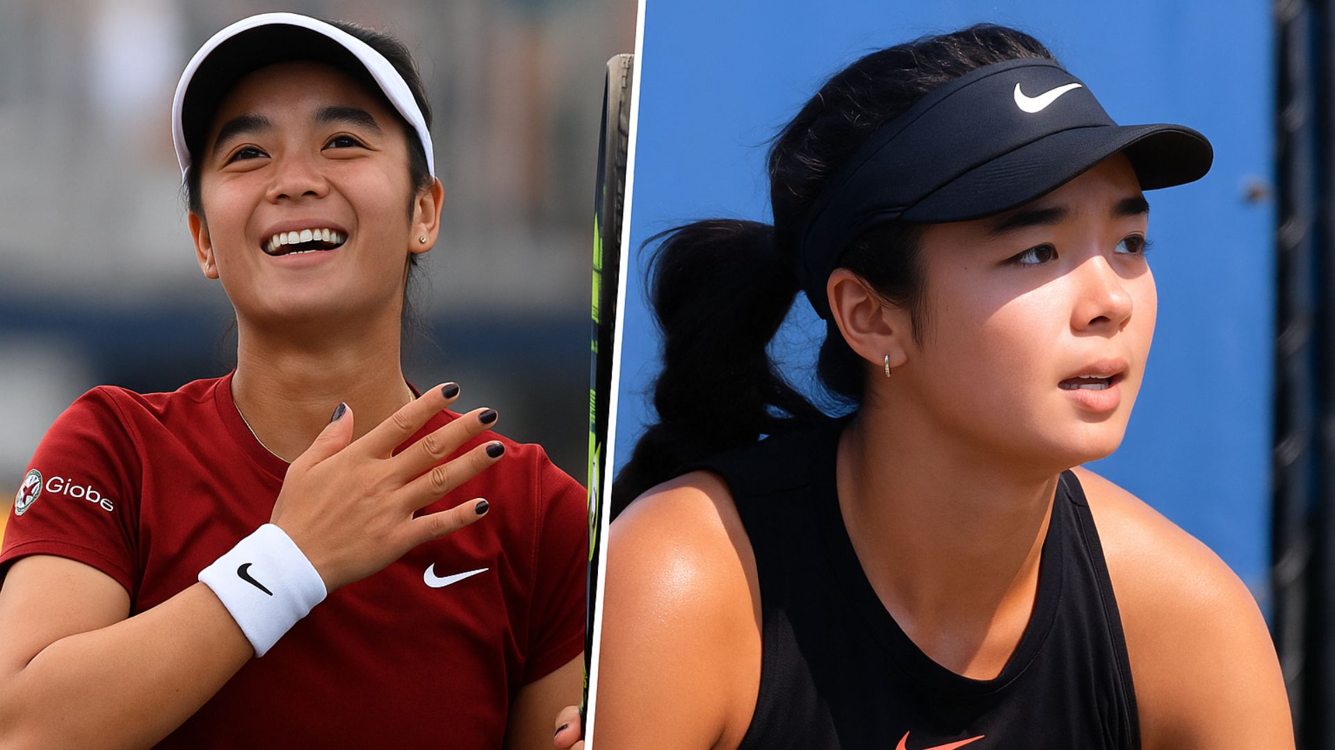 Collage of Alexandra Eala in action on the tennis court, smiling in one photo and focused in another, symbolizing her rising career in 2025.