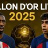 Ballon d’Or 2025 live banner featuring Ousmane Dembele vs Lamine Yamal with golden trophy