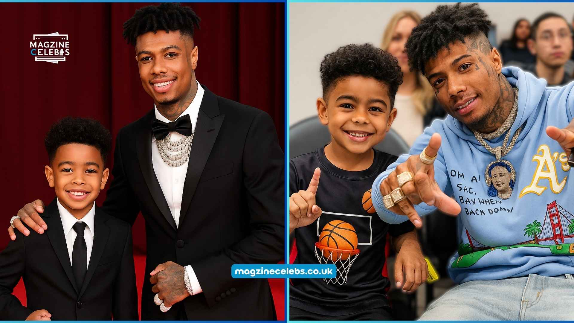Blueface and his son Javaughn J. Porter pose together on the red carpet in formal suits at a 2025 event