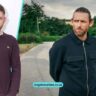 Side-by-side collage of actor Chris Coghill, left indoors in casual burgundy sweater, right outdoors with tied-back hair in a black jacket, 2025 portrait.