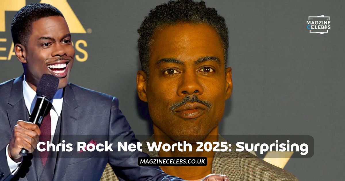 Chris Rock in 2025 smiling on stage, with bold text overlay reading "Net Worth $60 Million" designed for breaking news style.