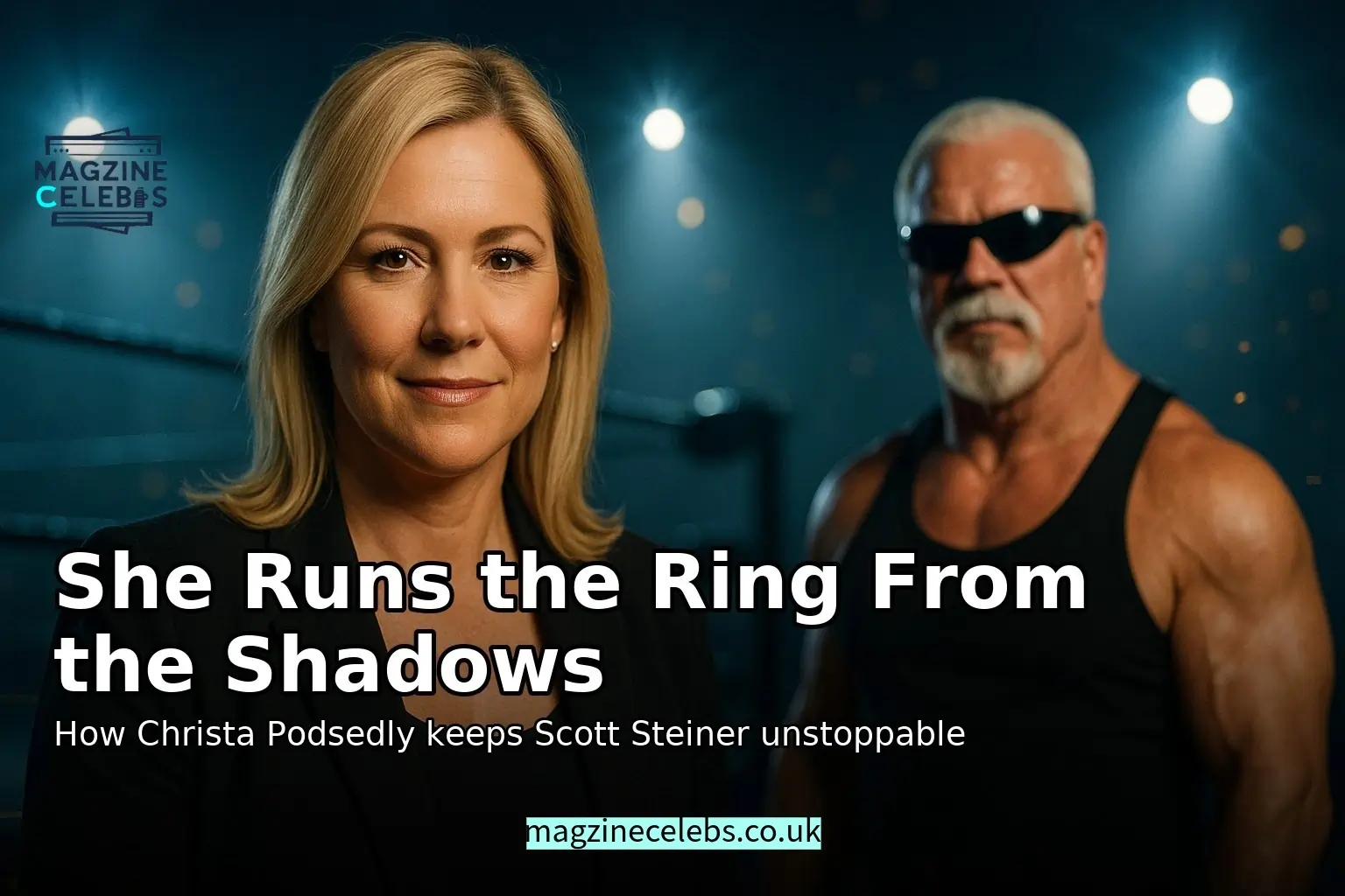 Christa Podsedly in sharp focus with Scott Steiner behind her by the wrestling ring under dramatic spotlights