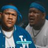 Crip Mac net worth 2025 feature image collage showing the rapper with tattoos and blue bandana in a photoshoot and speaking in an interview.