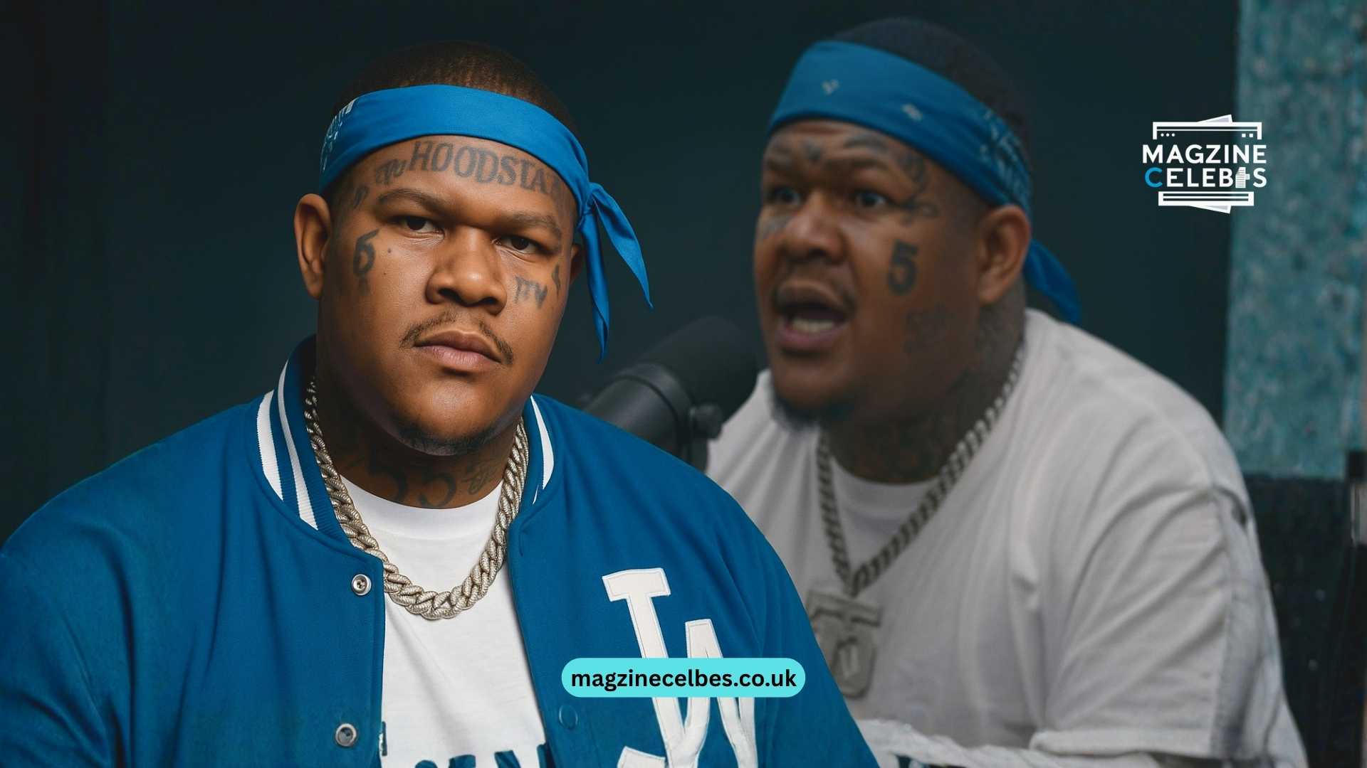 Crip Mac net worth 2025 feature image collage showing the rapper with tattoos and blue bandana in a photoshoot and speaking in an interview.