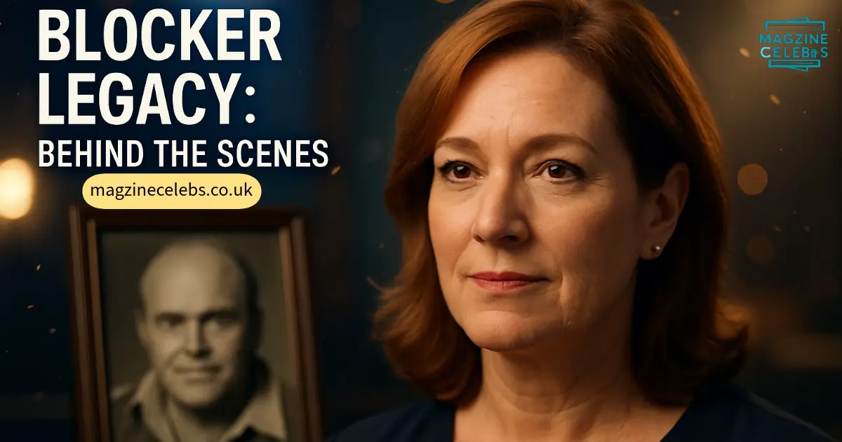 Danna Lynn Blocker in sharp focus with a subtle framed photo of Dan Blocker in the background