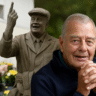 Dickie Bird smiling beside his famous statue in Barnsley, tribute image after death news 2025