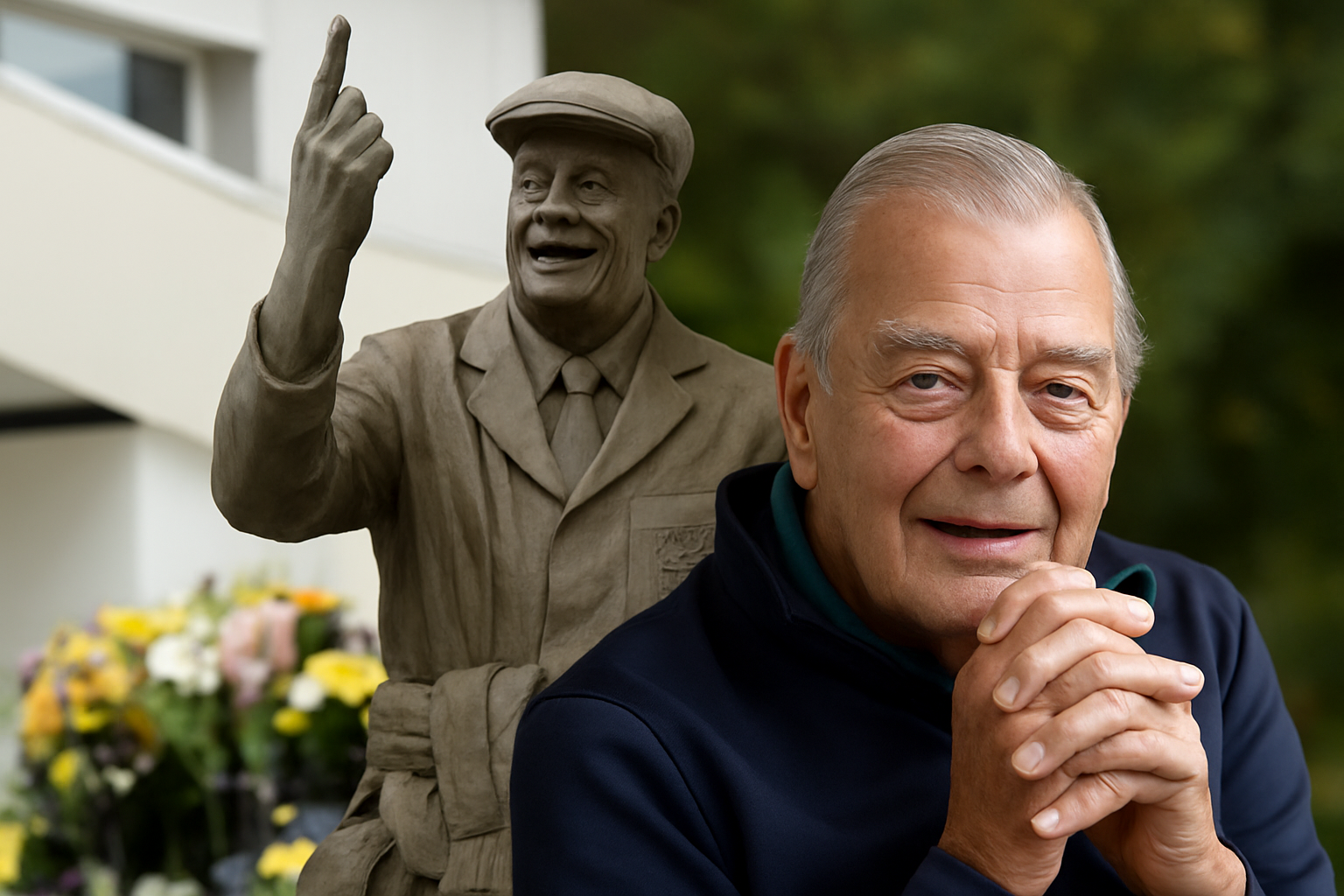 Dickie Bird smiling beside his famous statue in Barnsley, tribute image after death news 2025