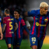 FC Barcelona 2025 collage featuring Lewandowski, Martínez, and young star in iconic blaugrana kit during LaLiga action.