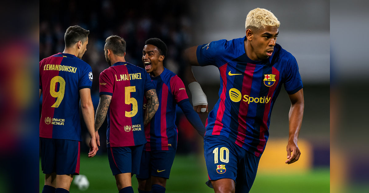 FC Barcelona 2025 collage featuring Lewandowski, Martínez, and young star in iconic blaugrana kit during LaLiga action.