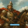Epic illustration of Genghis Khan on horseback wearing Mongol armor with a falcon on his arm and banners in the background, symbolizing his empire and legacy.