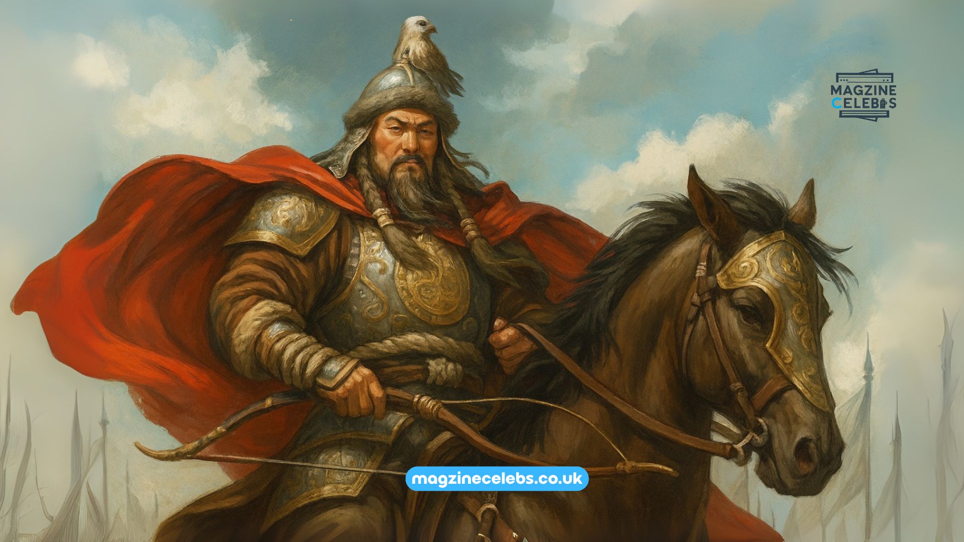 Epic illustration of Genghis Khan on horseback wearing Mongol armor with a falcon on his arm and banners in the background, symbolizing his empire and legacy.