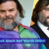 Jack Black smiling in casual colorful shirt and formal suit collage banner – 2025 feature image for net worth biography.