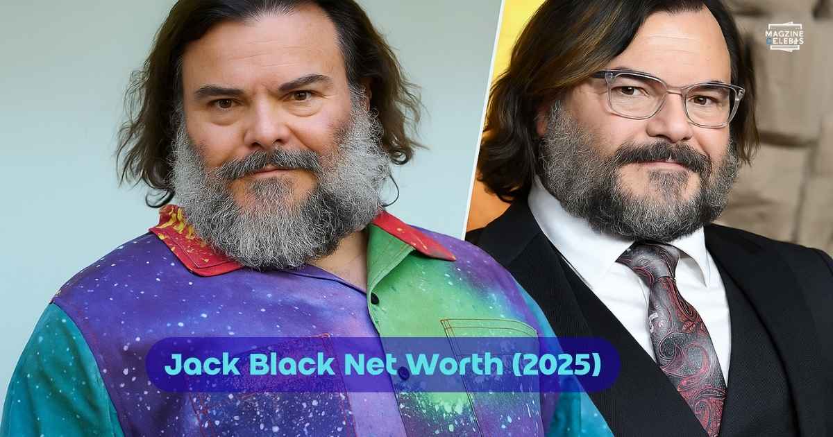 Jack Black smiling in casual colorful shirt and formal suit collage banner – 2025 feature image for net worth biography.