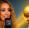 Kate Scott smiling with microphone alongside golden Ballon d’Or trophy on blue and gold background