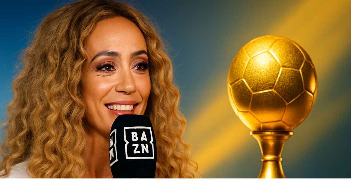 Kate Scott smiling with microphone alongside golden Ballon d’Or trophy on blue and gold background