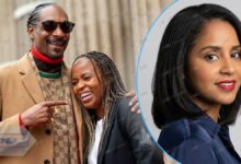 A collage showing Snoop Dogg smiling with his wife Shante Broadus on the left, contrasted with a portrait of his high school sweetheart Laurie Holmond on the right.