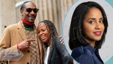 A collage showing Snoop Dogg smiling with his wife Shante Broadus on the left, contrasted with a portrait of his high school sweetheart Laurie Holmond on the right.