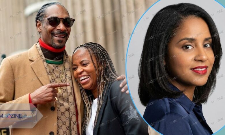 A collage showing Snoop Dogg smiling with his wife Shante Broadus on the left, contrasted with a portrait of his high school sweetheart Laurie Holmond on the right.