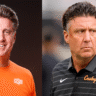 Mike Gundy featured banner collage — smiling in OSU shirt and serious on Cowboys sideline, sports news photo 2025.