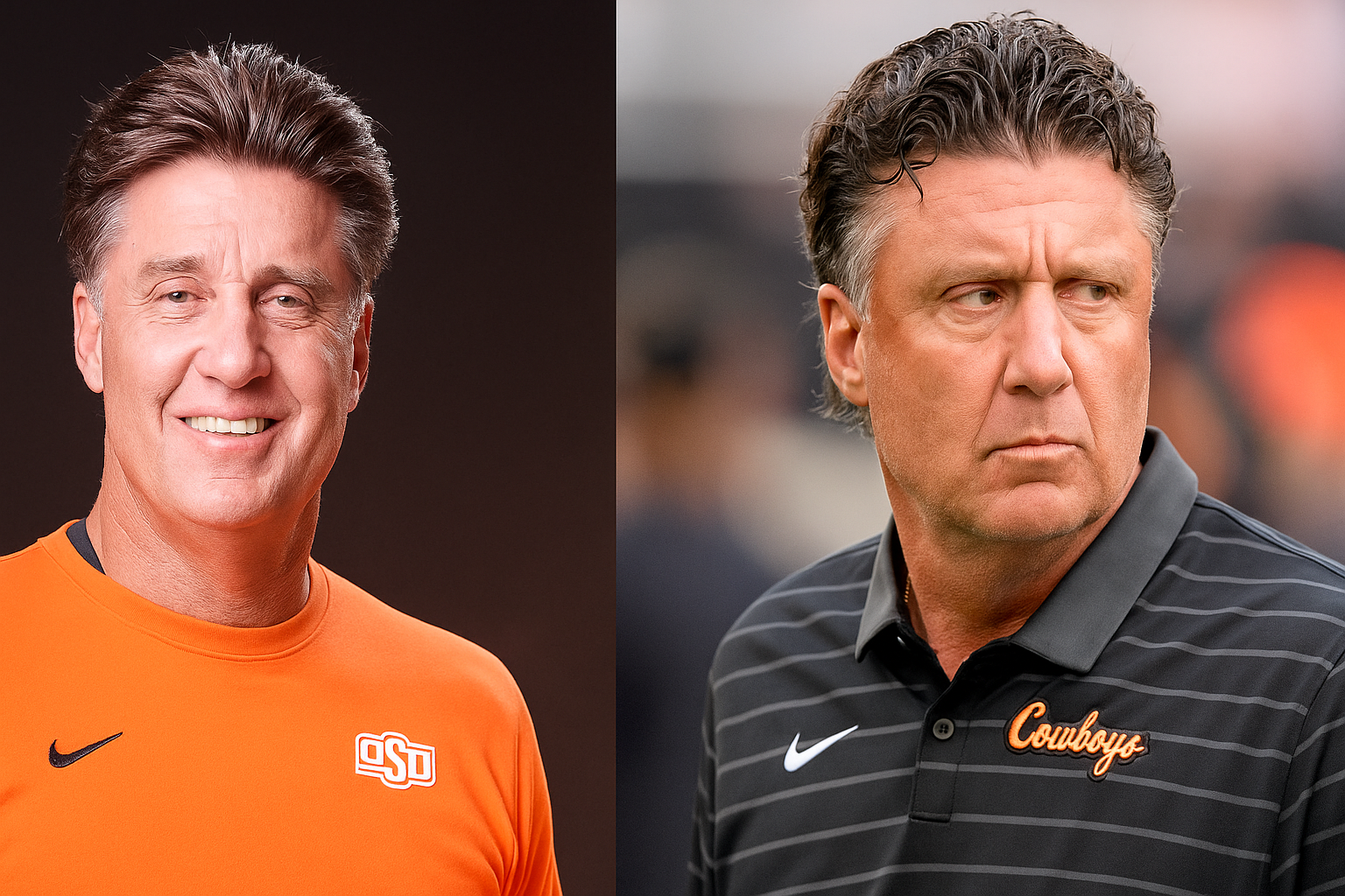 Mike Gundy featured banner collage — smiling in OSU shirt and serious on Cowboys sideline, sports news photo 2025.