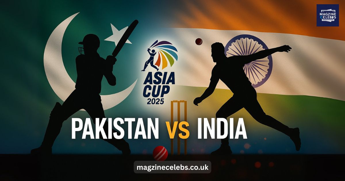Pakistan vs India cricket rivalry feature image with Asia Cup 2025 logo in a stadium background, showing player silhouettes