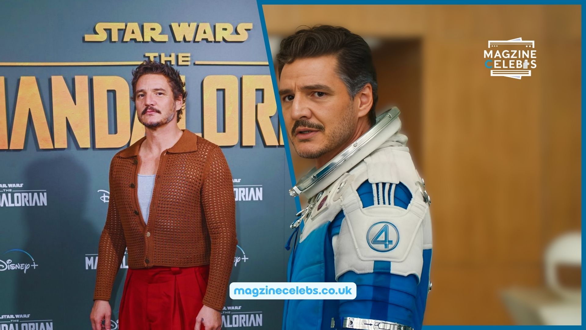Pedro Pascal collage as Reed Richards in Fantastic Four and The Mandalorian red carpet look for net worth 2025 article