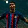Marcus Rashford celebrates a Barcelona brace at St James’ Park against Newcastle in the UEFA Champions League, arms out in the rain