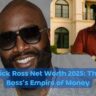 Rick Ross smiling in front of his Rolls-Royce and luxury mansion, showcasing his millionaire lifestyle and fortune in 2025.