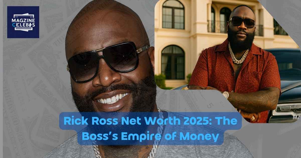 Rick Ross smiling in front of his Rolls-Royce and luxury mansion, showcasing his millionaire lifestyle and fortune in 2025.