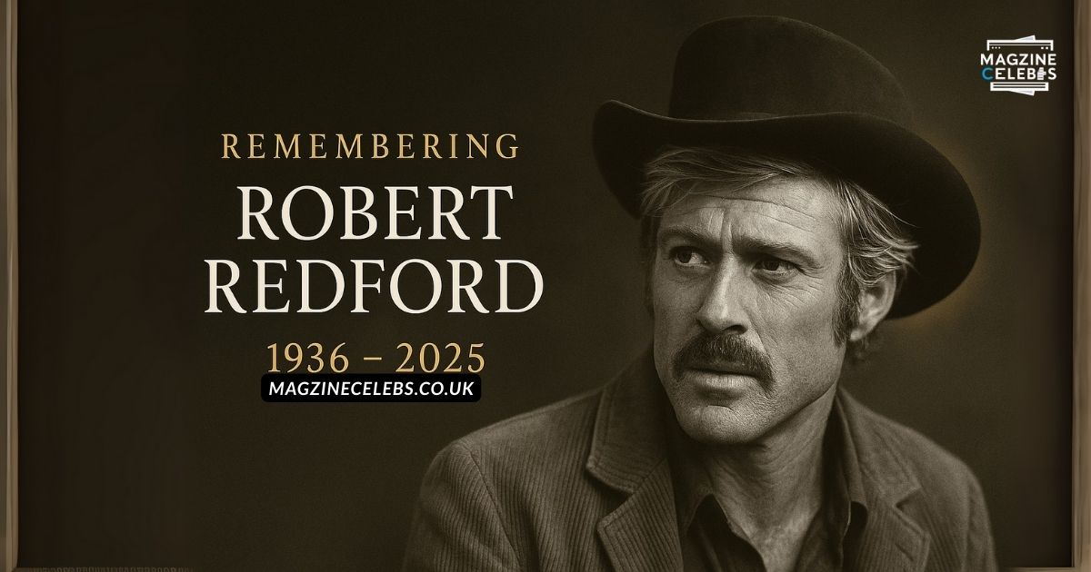 Robert Redford tribute banner (1936–2025) featuring a cinematic black-and-white portrait from Butch Cassidy and the Sundance Kid, honoring his Hollywood legacy.