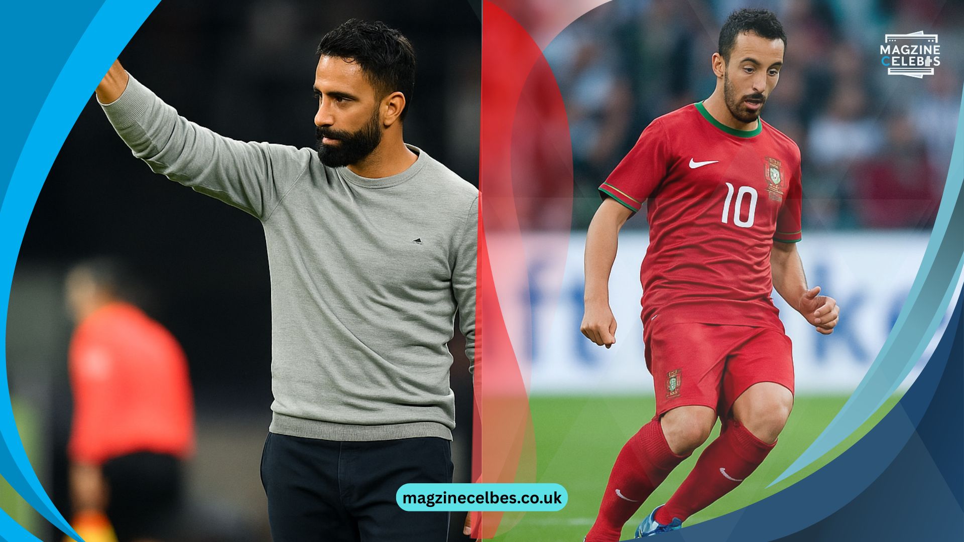Rúben Amorim collage — Manchester United coach thumbs up and Portugal playing days, 2025 biography featured banner