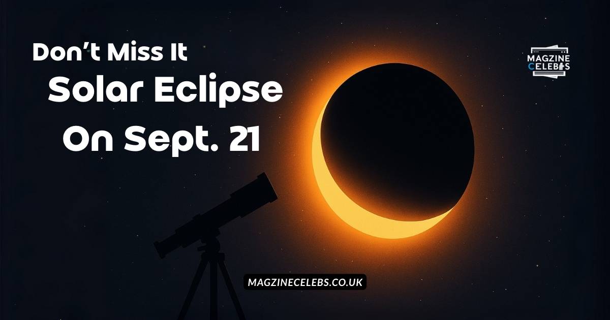 Digital illustration of the Sept. 21 partial solar eclipse showing the Moon covering part of the Sun with a glowing corona, telescope silhouette, and MagzineCelebs logo.