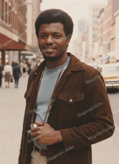 Reginald Williams walking confidently through a busy city street, wearing a brown jacket and holding a camera – vintage photo representing Jesse Williams’ father in his early years.