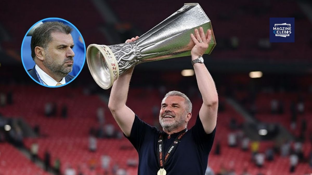 Ange Postecoglou celebrating with a football trophy after a major win, symbolizing success and leadership in 2025