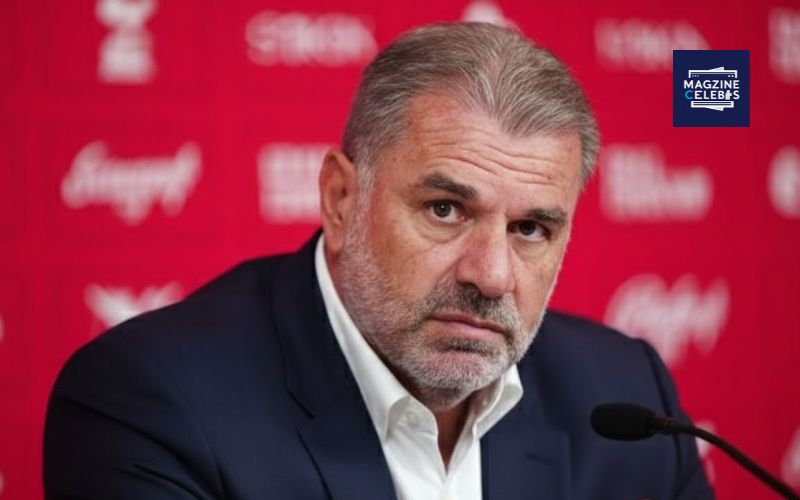 Ange Postecoglou speaking at a press conference, reflecting his leadership, focus, and football strategy in 2025