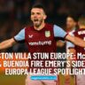 Aston Villa captain John McGinn celebrates scoring in Europa League 2025/26 against Feyenoord with Emiliano Buendia in the background.